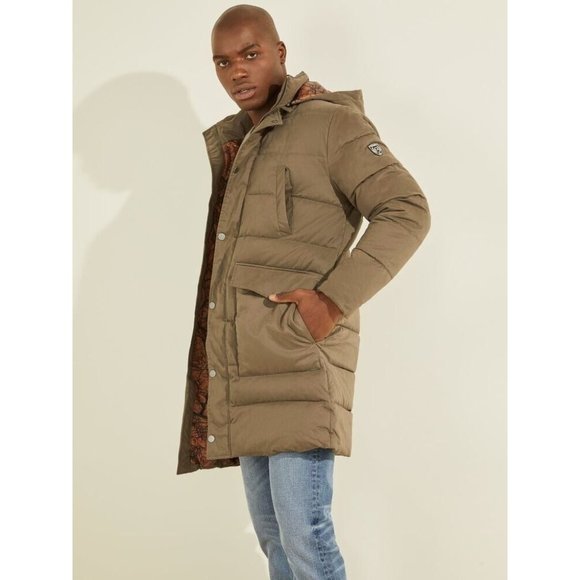 $298 Guess Men’s Alta Nylon Puffer Long Jacket With Hood In Light Brown Size XL